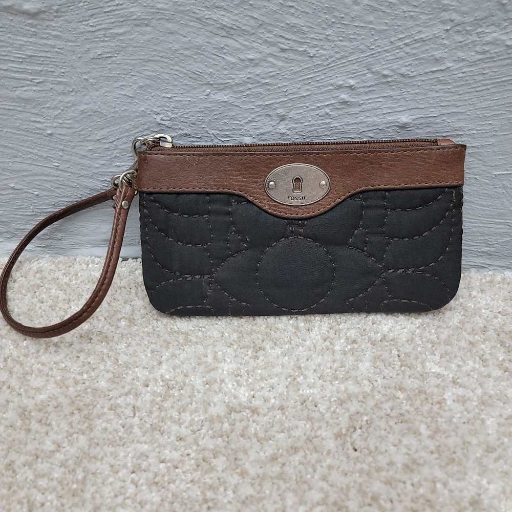 FOSSIL Quilted Leather Nylon Key-Per Wallet Wristlet